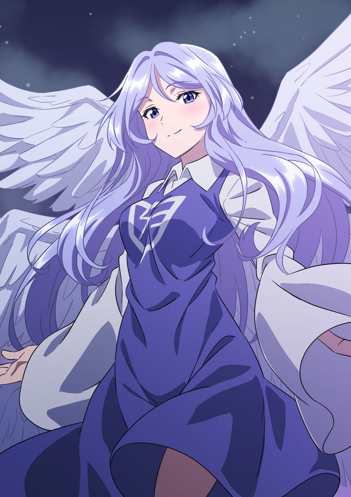 1girl, angel_wings, blue_dress, blush, closed_mouth, collared_shirt, dress, feathered_wings