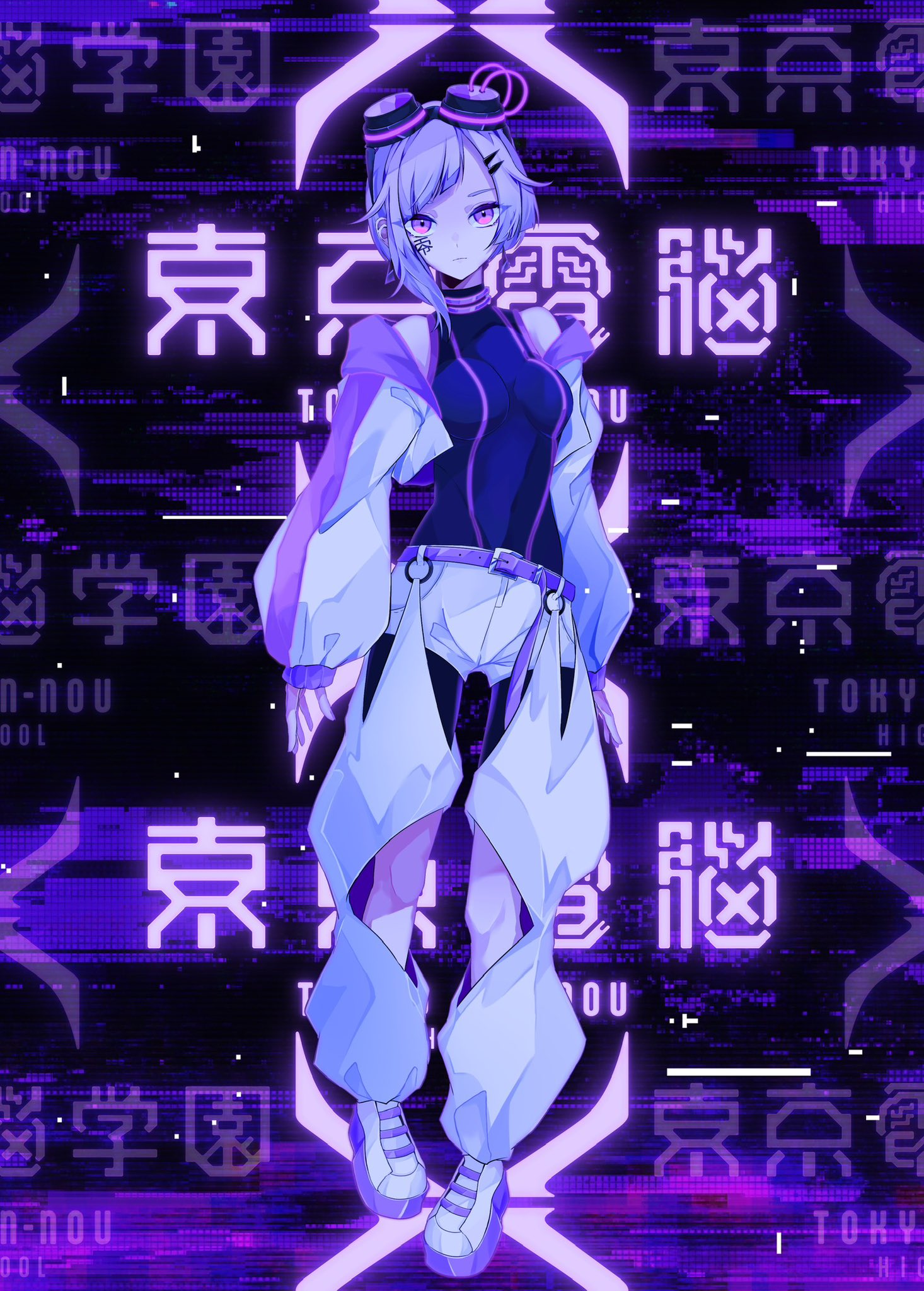 1girl, arms_at_sides, artist_request, bare_shoulders, belt, black_bodysuit, bodysuit, breasts, closed_mouth, cropped_jacket, denonbu, earrings, facial_mark, full_body, glowing, goggles, goggles_on_head, hair_ornament, hairclip, highres, jacket, jewelry, long_sleeves, looking_at_viewer, medium_breasts, off_shoulder, official_art, puffy_long_sleeves, puffy_sleeves, purple_belt, purple_hair, shoes, short_hair, shorts, sleeveless, solo, standing, violet_eyes, white_footwear, white_jacket, white_shorts, yanami_rain