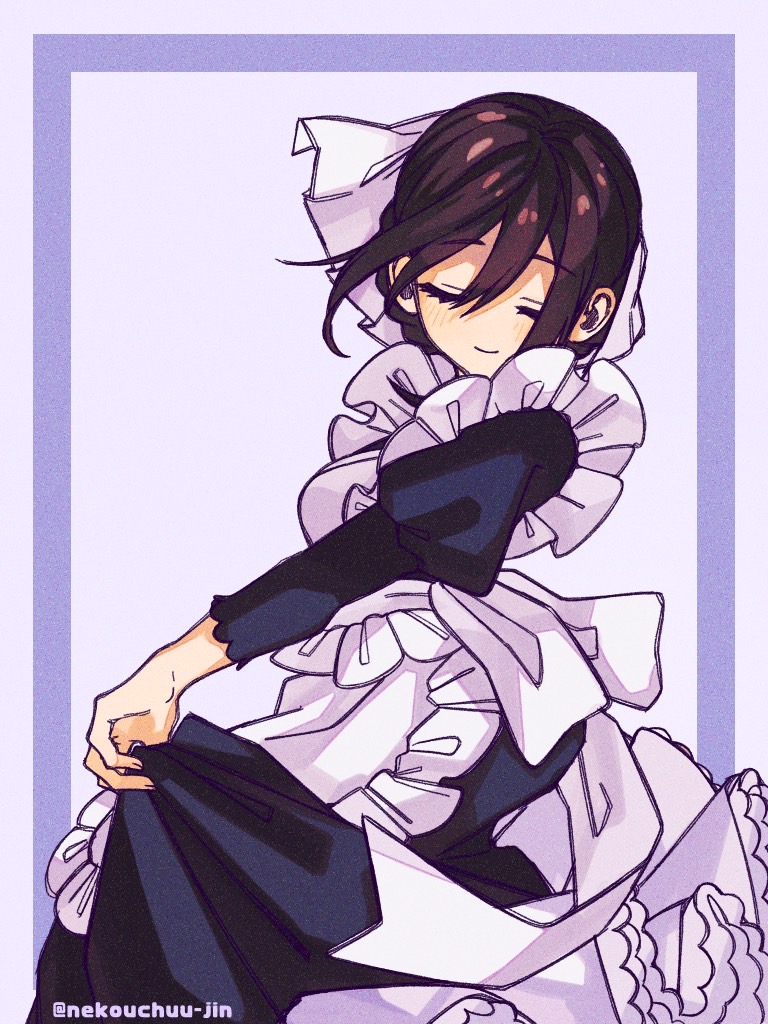 1girl, apron, black_dress, black_hair, closed_eyes, curtsey, dress, frilled_apron