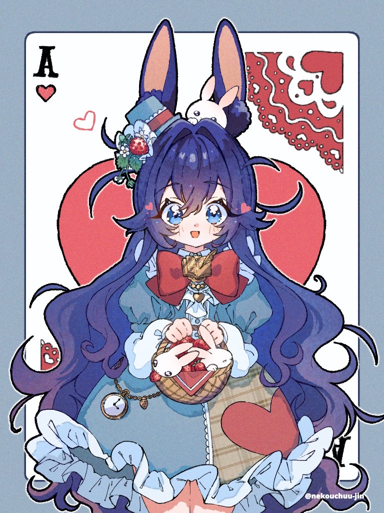 1girl, :d, ace_(playing_card), alice_in_wonderland, animal_ears, basket, blue_dress, blue_eyes