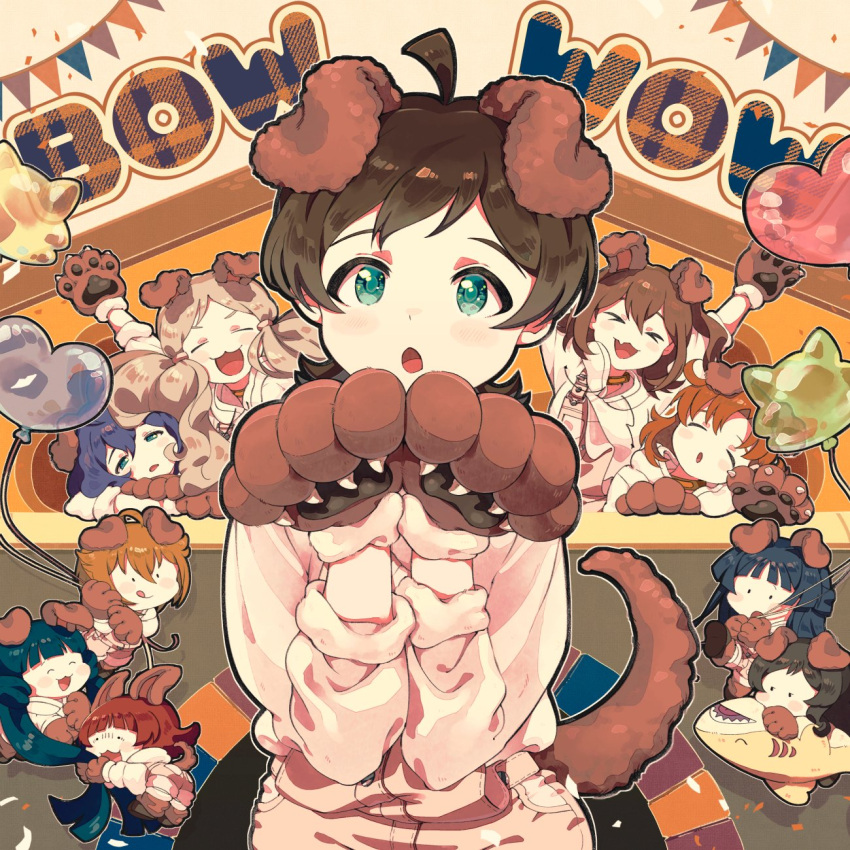 6+girls, :3, ahoge, animal_ears, animal_hands, aqua_eyes, balloon, black_hair