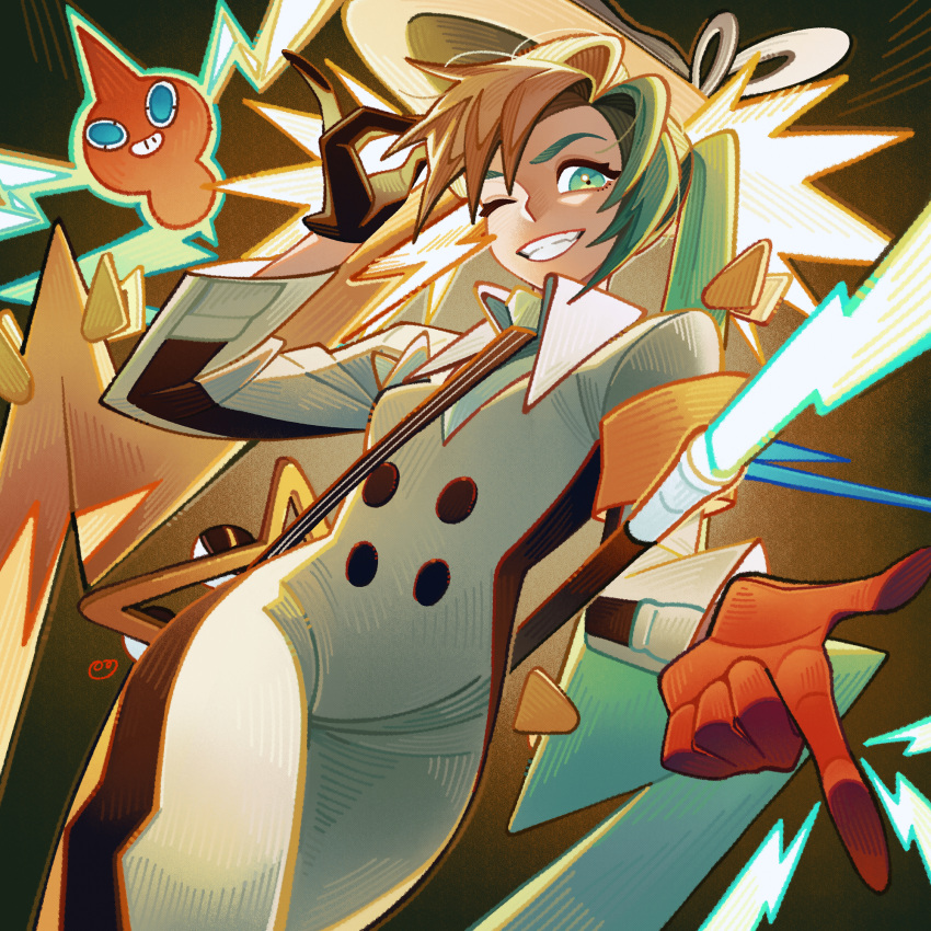 1girl, armband, asymmetrical_gloves, black_gloves, cane, electric_miku_(project_voltage), electricity, gloves
