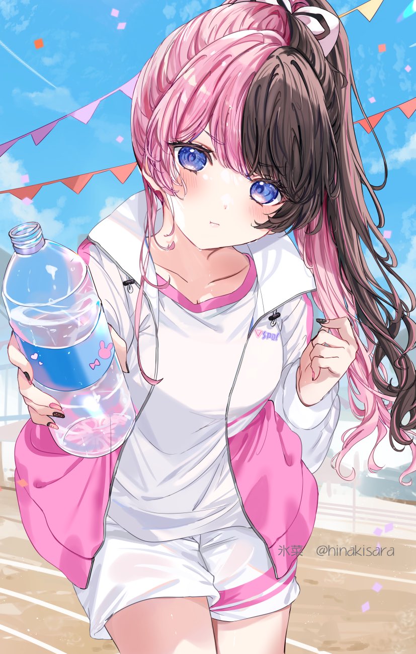1girl, artist_name, black_hair, black_nails, blue_eyes, blue_sky, bottle, bow