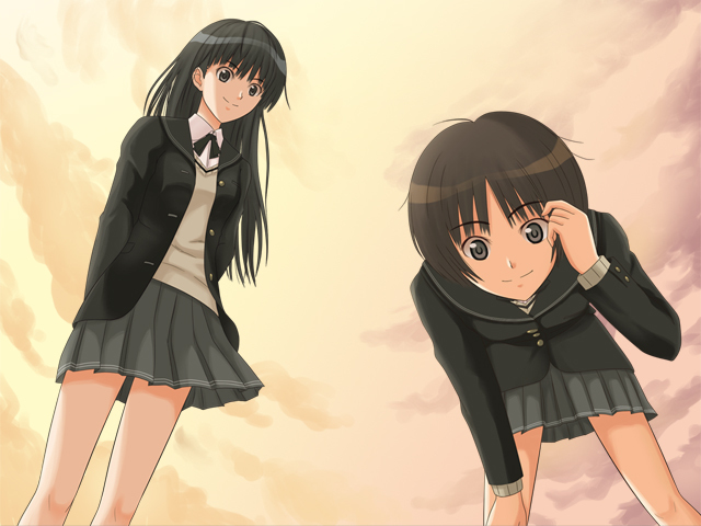 2girls, amagami, ayatsuji_tsukasa, black_eyes, black_hair, from_below, isamu_(isamu0418), long_hair, multiple_girls, perspective, school_uniform, short_hair, tachibana_miya