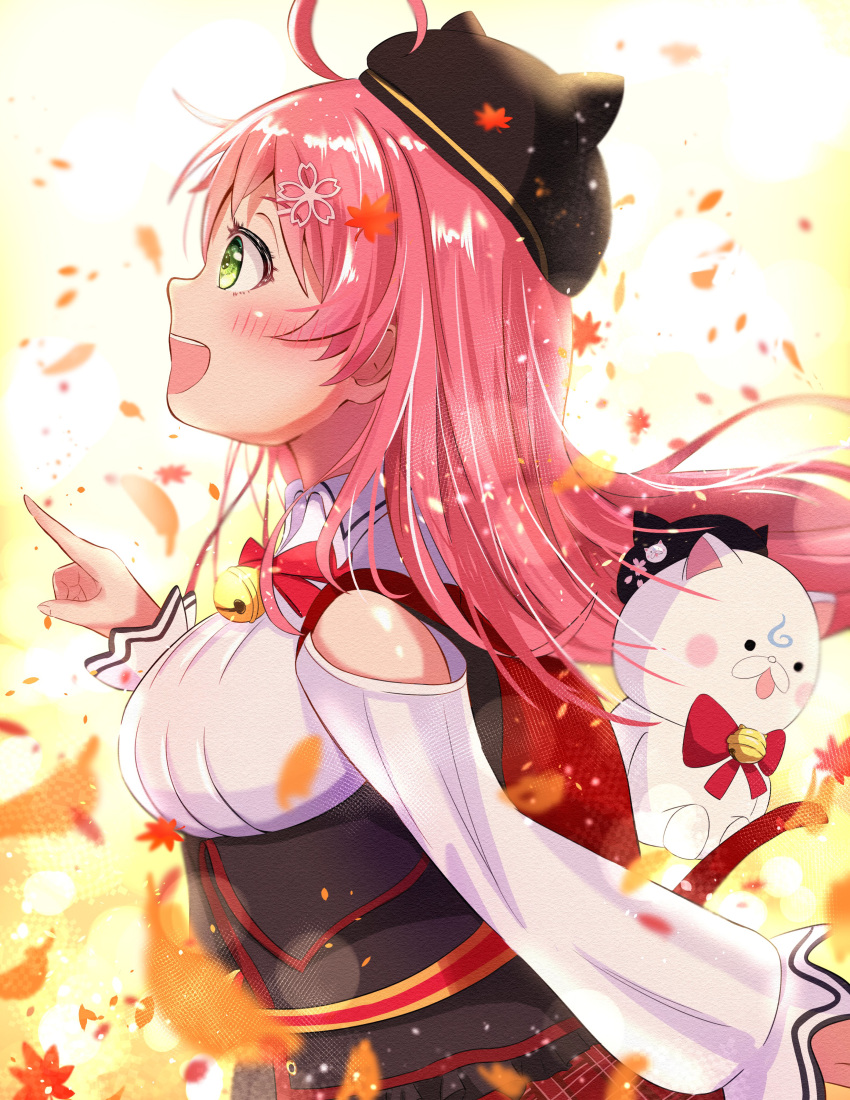 1girl, 35p_(sakura_miko), absurdres, ahoge, autumn_leaves, beret, black_headwear, blush