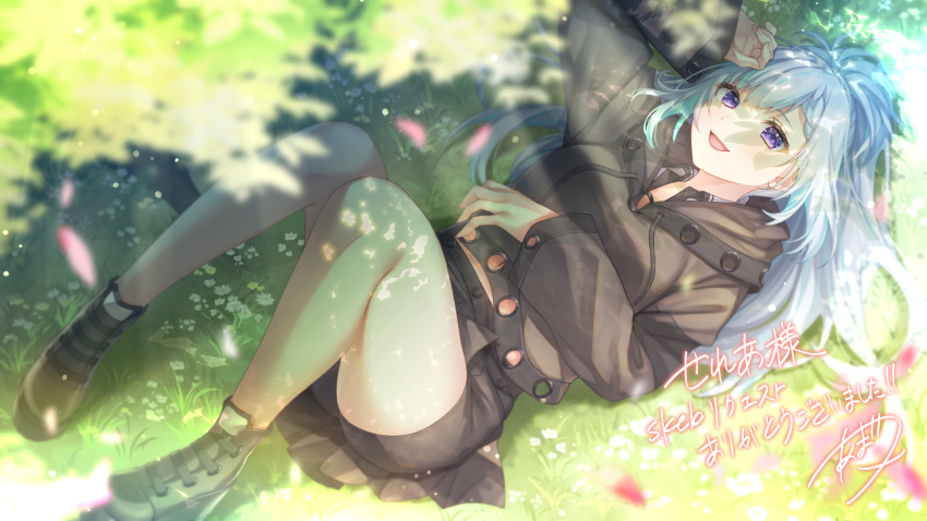 1girl, :d, amatsuji, arm_up, avatar_(pso2), black_coat, black_footwear, bloom