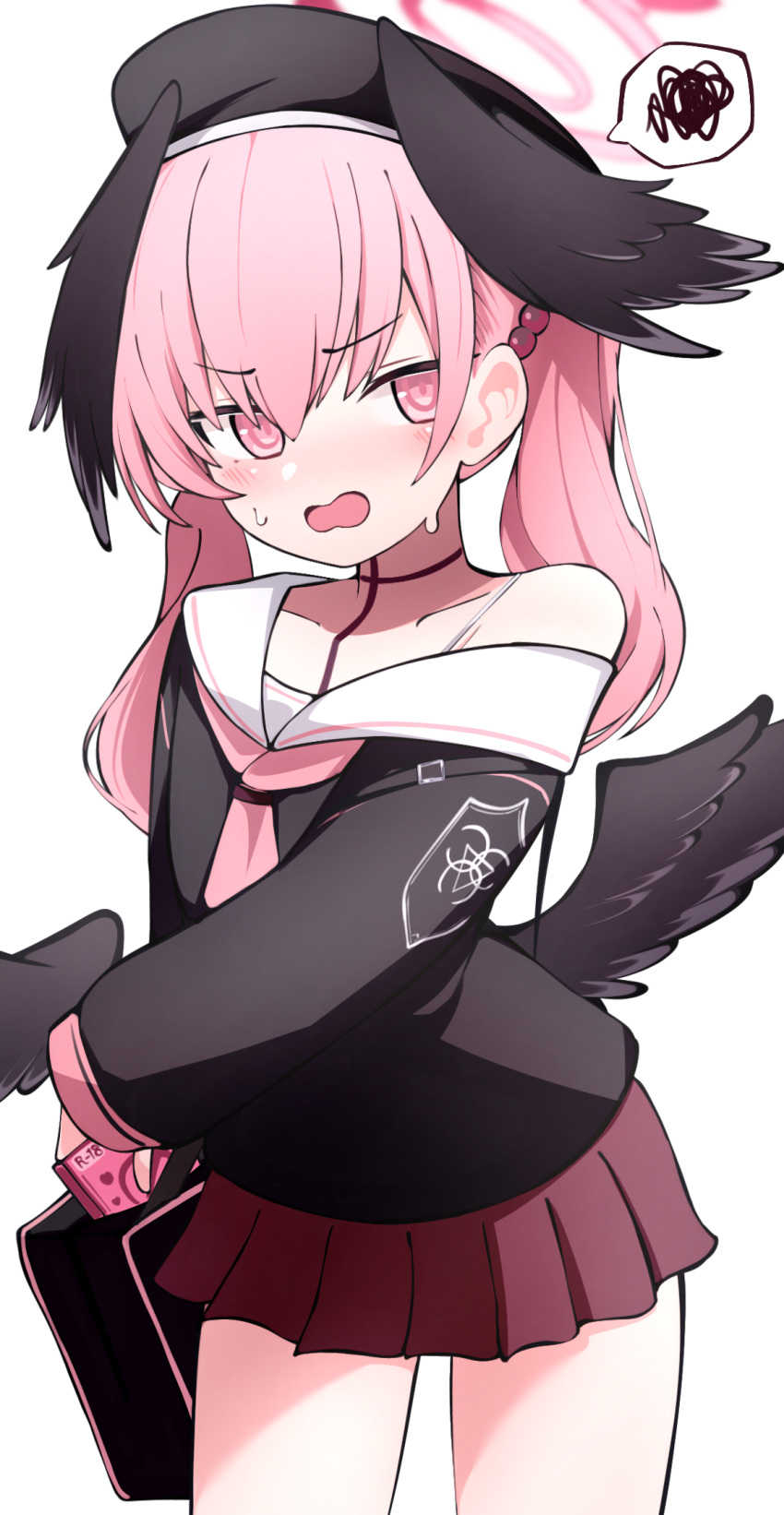 1girl, bag, beret, black_headwear, black_shirt, black_wings, blue_archive, blush