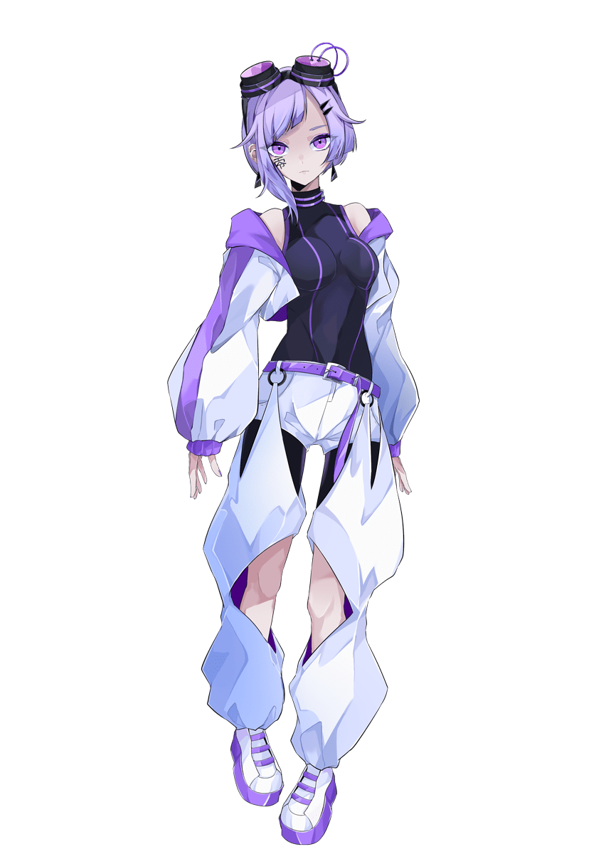 1girl, arms_at_sides, bare_shoulders, belt, black_bodysuit, body_writing, bodysuit, breasts, closed_mouth, cropped_jacket, denonbu, earrings, eyeshadow, facial_mark, frown, full_body, goggles, goggles_on_head, hair_ornament, hairclip, highres, jacket, jewelry, long_sleeves, looking_at_viewer, makeup, medium_breasts, nail_polish, off_shoulder, official_art, puffy_long_sleeves, puffy_sleeves, purple_belt, purple_eyeshadow, purple_hair, purple_nails, shoes, short_hair, shorts, sleeveless, solo, standing, transparent_background, violet_eyes, white_footwear, white_jacket, white_shorts, yanami_rain