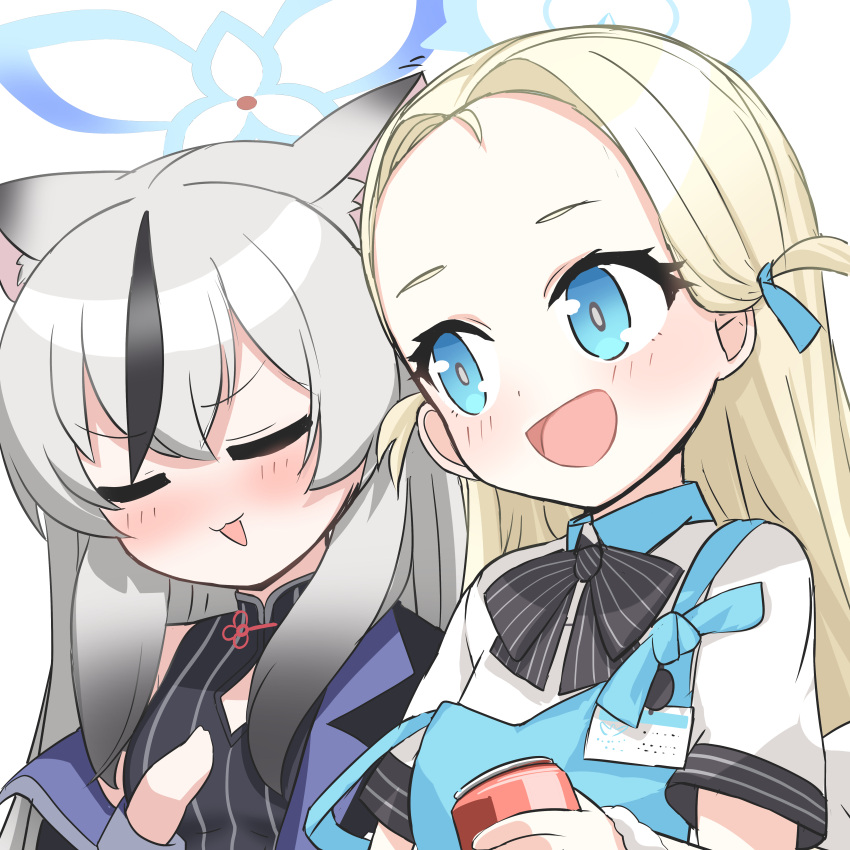 2girls, :3, :d, absurdres, angel's_24_uniform_(blue_archive), animal_ears, apron, black_bow, black_bowtie, black_coat, black_dress, blonde_hair, blue_apron, blue_archive, blue_eyes, bow, bowtie, can, china_dress, chinese_clothes, coat, commentary_request, dress, forehead, gradient_hair, grey_hair, hair_between_eyes, hair_ribbon, halo, highres, holding, holding_can, id_card, kokona_(blue_archive), long_hair, long_sleeves, looking_at_another, low_twintails, multicolored_hair, multiple_girls, o_(rakkasei), open_clothes, open_coat, ribbon, scrunchie, short_sleeves, sidelocks, simple_background, sleeveless, smile, sora_(blue_archive), store_clerk, streaking, tiger_ears, tiger_girl, twintails, two-tone_hair, two_side_up, white_background, wrist_scrunchie