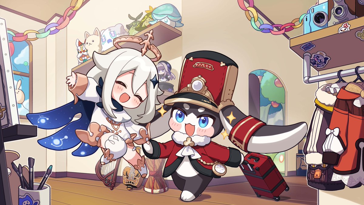 1other, 2girls, aranara_(genshin_impact), balloon, blue_eyes, blush, camera, closed_eyes, company_connection, dodoco_(genshin_impact), dress, drum, fungi_(genshin_impact), genshin_impact, glass, guitar, hair_between_eyes, hair_ornament, halo, hat, herta_(honkai:_star_rail), honkai:_star_rail, honkai_(series), instrument, jacket, long_sleeves, lyre, mihoyo, mimo_(mihoyo), multiple_girls, official_art, open_mouth, paimon_(genshin_impact), paintbrush, peaked_cap, pocket_watch, pom-pom_(honkai:_star_rail), rabbit, red_headwear, red_jacket, slime_(genshin_impact), smile, sticker, stuffed_toy, upper_body, watch, white_dress, white_hair, window, wubbaboo_(honkai:_star_rail)