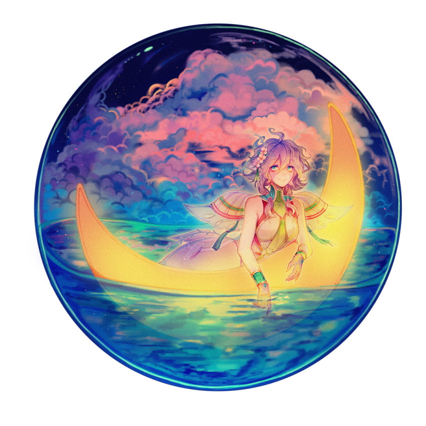 1girl, antlers, blue_eyes, blue_ribbon, closed_mouth, clouds, collar, commentary