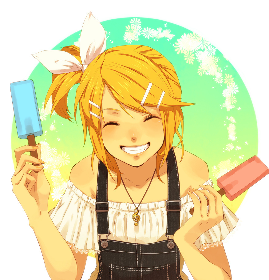 bad_id, bare_shoulders, casual, kagamine_rin, nail_polish, overalls, popsicle, side_ponytail