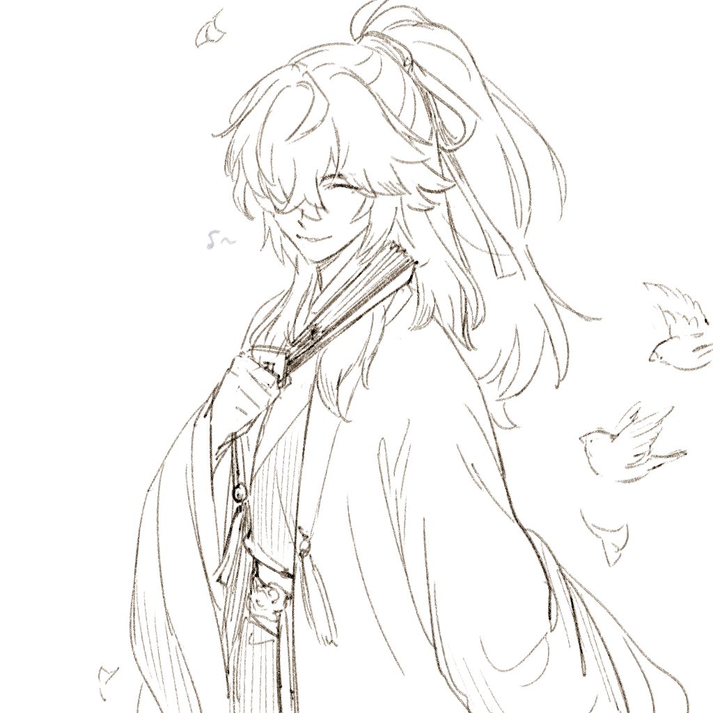 1boy, bird, closed_eyes, closed_mouth, hair_over_one_eye, hand_fan, hand_on_own_face, high_ponytail