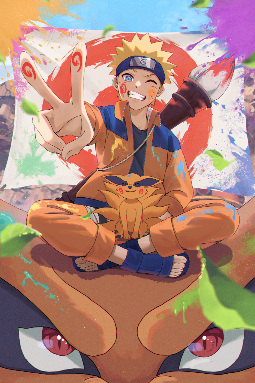 1boy, absurdres, blue_eyes, facial_mark, forehead_protector, fox, grin, highres