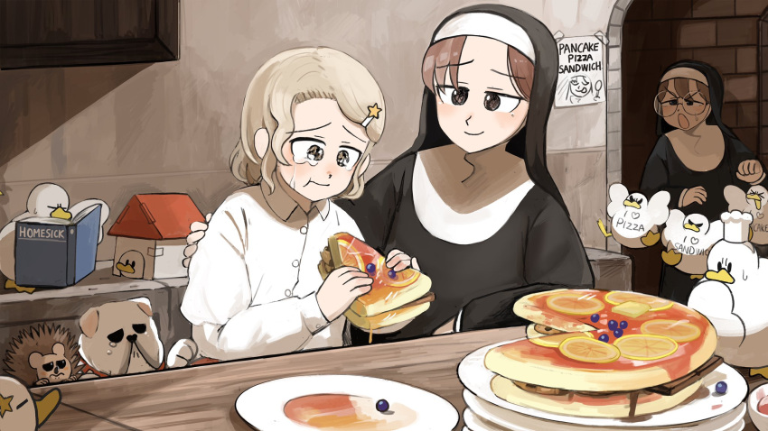 3girls, bird, body_writing, book, brown_eyes, brown_hair, bulldog, catholic