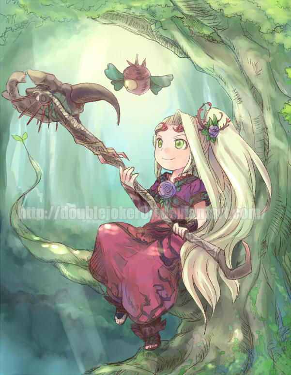 1girl, blonde_hair, dress, flower, full_body, green_eyes, hair_flower, hair_ornament, holding, holding_staff, kid_icarus, kid_icarus_uprising, leaf, nutski, one-eyed, ponytail, red_dress, saya_(lelulinna), sitting, sitting_on_branch, smile, staff, tree, viridi, watermark, web_address