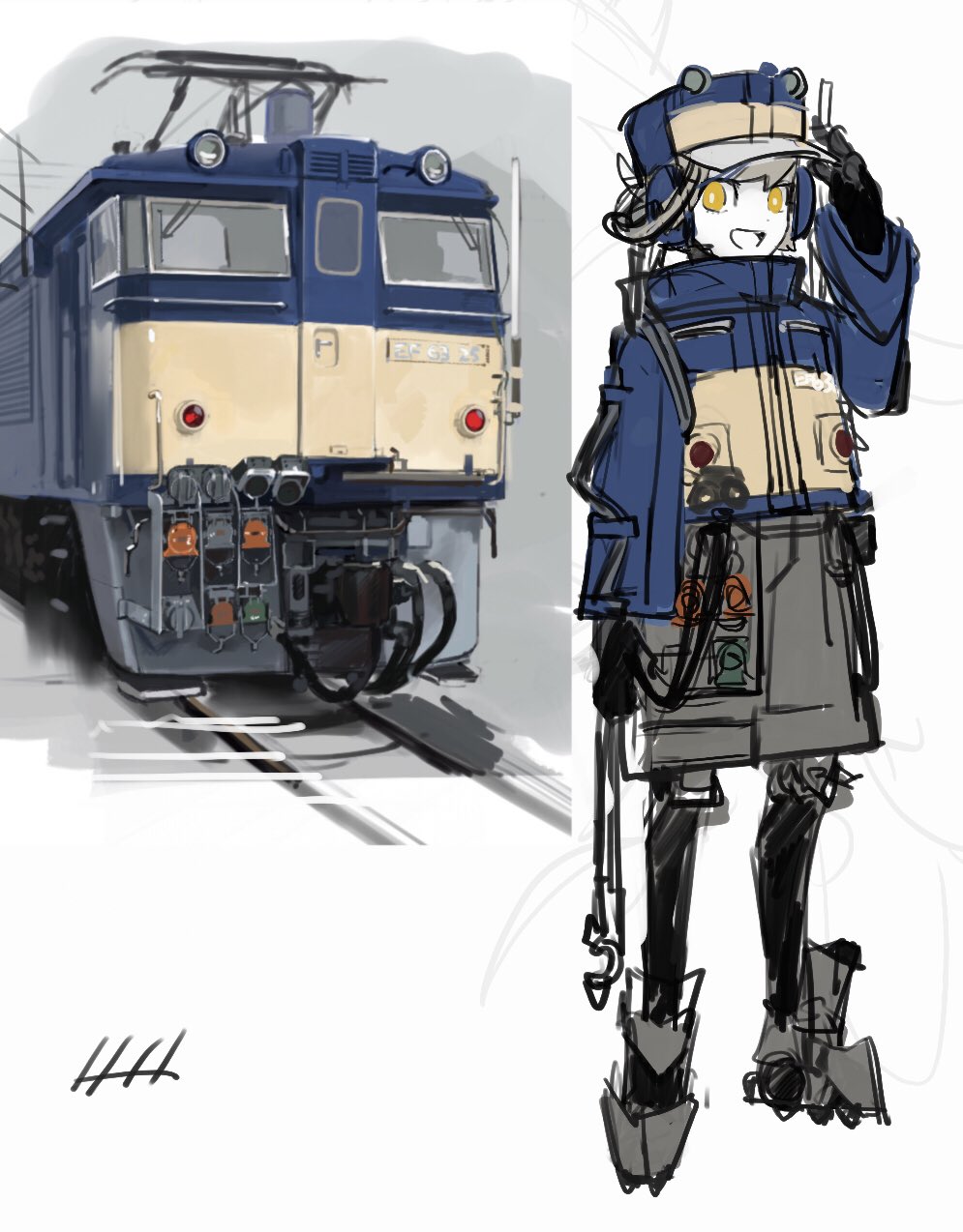 1boy, arm_up, blue_headwear, coat, grey_hair, high_collar, highres, long_sleeves