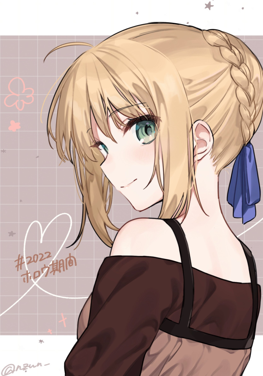 1girl, ahoge, artoria_pendragon_(fate), bare_shoulders, blonde_hair, blue_ribbon, braid, braided_bun