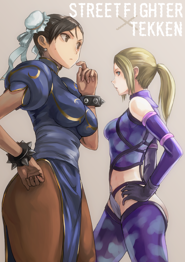 blonde_hair, bracelet, brown_hair, bun_cover, capcom, chun-li, crossover, double_bun