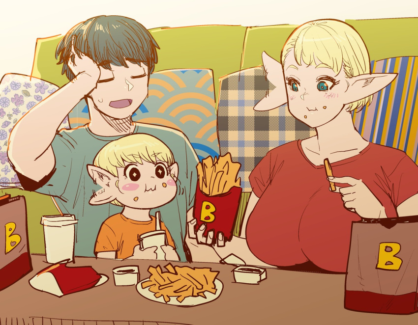 +_+, 1boy, 1girl, 1other, :t, artist_request, bag, black_hair