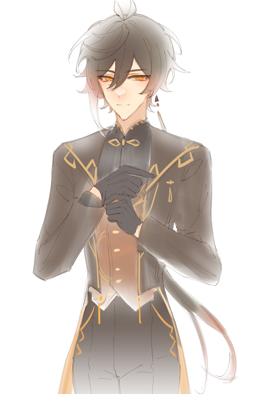 absurdres, adjusting_clothes, adjusting_gloves, earrings, formal, genshin_impact, gloves, highres, jewelry, looking_at_viewer, male_focus, official_alternate_costume, ppttlyr, single_earring, solo, solo_male, white_background, zhongli_(genshin_impact)
