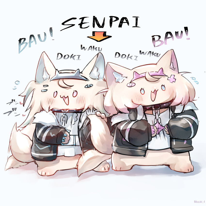 2girls, animal_collar, animal_ear_fluff, animal_ears, animalization, bandaid_hair_ornament, black_collar, black_jacket