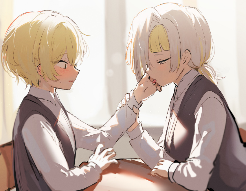 1boy, 1girl, assertive_female, blonde_hair, blush, couple, hetero, highres