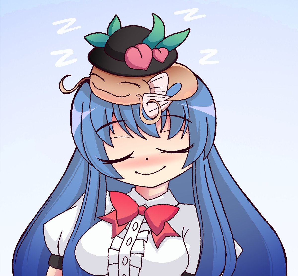 1girl, animal_on_head, black_headwear, blue_background, blue_hair, bow, bowtie, breasts