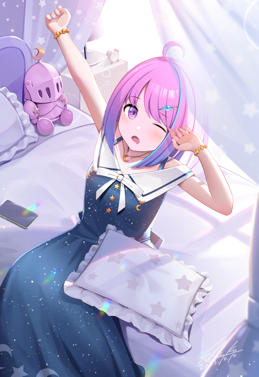 1girl, ahoge, alarm_clock, arm_up, blue_dress, blue_hair, blue_nails, blush