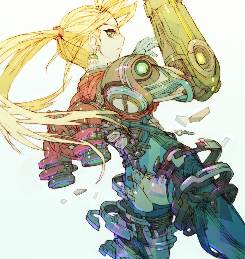 1girl, arm_cannon, blonde_hair, blue_bodysuit, blue_eyes, bodysuit, digital_dissolve, dutch_angle, earrings, exposed_muscle, floating_hair, jet_engine, jewelry, long_hair, looking_at_viewer, materializing, mechanical_parts, metroid, metroid_(creature), metroid_dread, nakayama_tooru, parted_lips, ponytail, power_suit_(metroid), samus_aran, sideways_glance, skin_tight, solo, spinal_cord, weapon, white_background, zero_suit