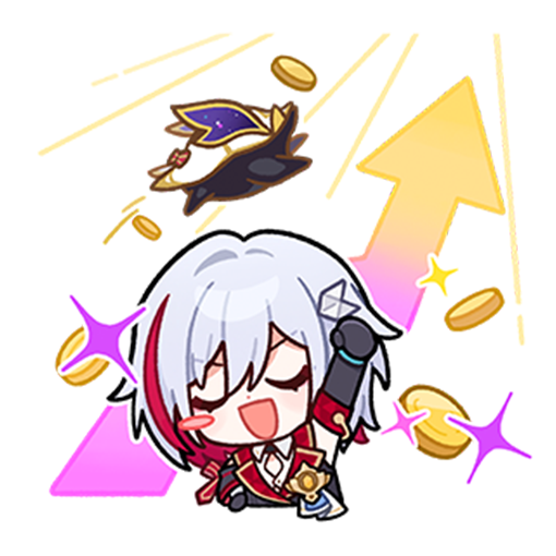 1girl, 1other, arm_up, arrow_(symbol), black_gloves, black_sleeves, closed_eyes, coin, detached_sleeves, english_commentary, gameplay_mechanics, gloves, honkai:_star_rail, honkai_(series), meme, multicolored_hair, numby_(honkai:_star_rail), official_art, open_mouth, parody, smile, solo, star_(symbol), stonks_(meme), streaked_hair, topaz_(honkai:_star_rail), transparent_background, upper_body, v-shaped_eyebrows, white_hair