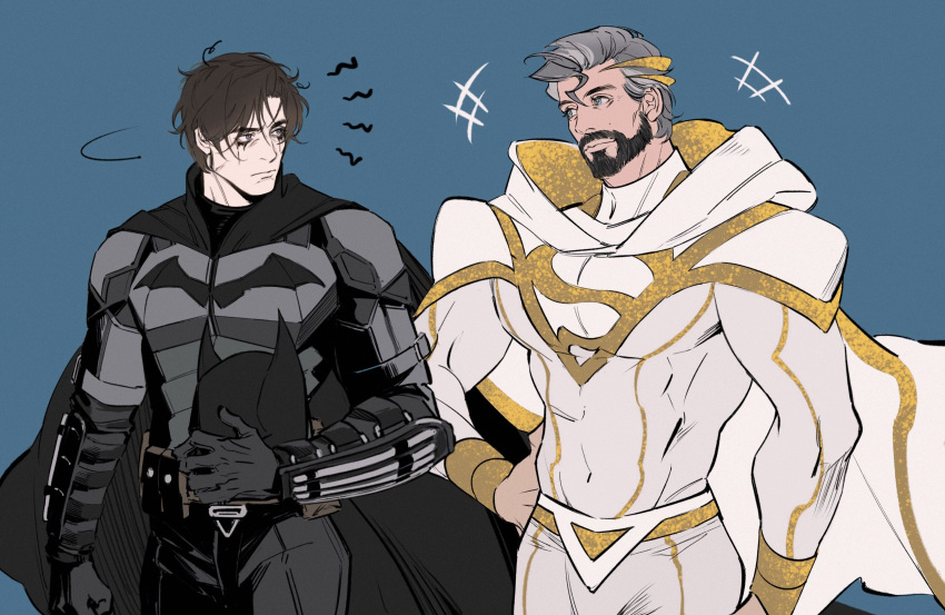 2boys, absurdres, anthonykaen, armor, batman, batman_(series), beard, black_gloves