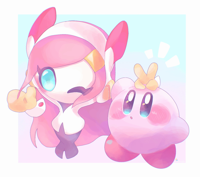 1girl, 1other, :o, artist_name, blue_background, blue_eyes, blush, blush_stickers, border, commentary_request, gloves, gradient_background, hairband, highres, kirby, kirby_(series), long_hair, looking_at_viewer, notice_lines, one_eye_closed, outside_border, pink_hair, purple_background, simple_background, stern_(stern_dream), susie_(kirby), swept_bangs, v, white_border, white_hairband, wrist_cuffs, yellow_gloves