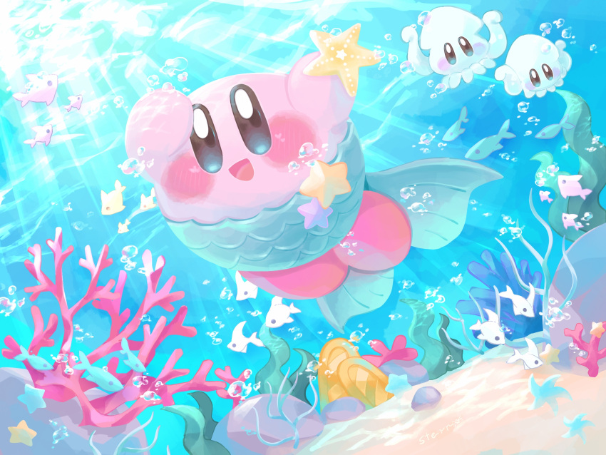 1boy, :d, blue_eyes, blush, commentary_request, copy_ability, coral, fins, fish, fish_tail, hal_laboratory_inc., highres, holding, kirby, kirby_(series), kirby_(specie), light_rays, mermaid, mermaid_costume, nintendo, no_humans, open_mouth, rock, sand, sea_anemone, seafloor, seaweed, smile, squid, squishy_(kirby), star_(symbol), starfish, stern_(stern_dream), sunlight, swimming, tail, underwater