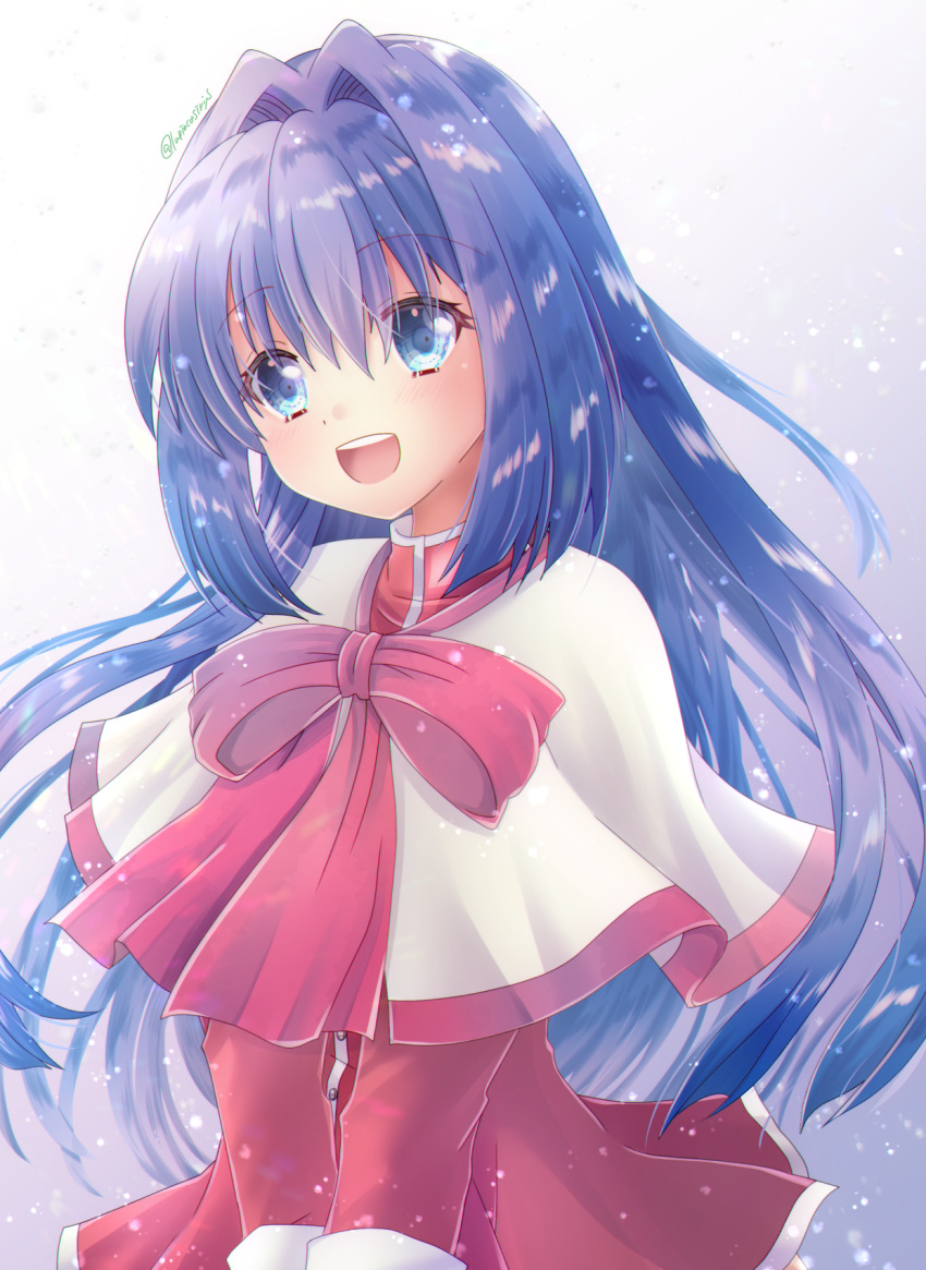 1girl, :d, blue_background, blue_eyes, blue_hair, blunt_ends, blush, bow