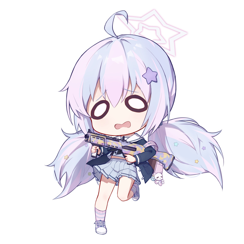 1girl, 9malefi9, backpack, bag, black_jacket, black_neckerchief, blue_archive, chibi