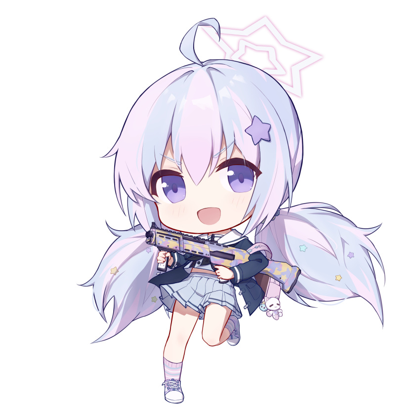 1girl, 9malefi9, backpack, bag, black_jacket, black_neckerchief, blue_archive, chibi