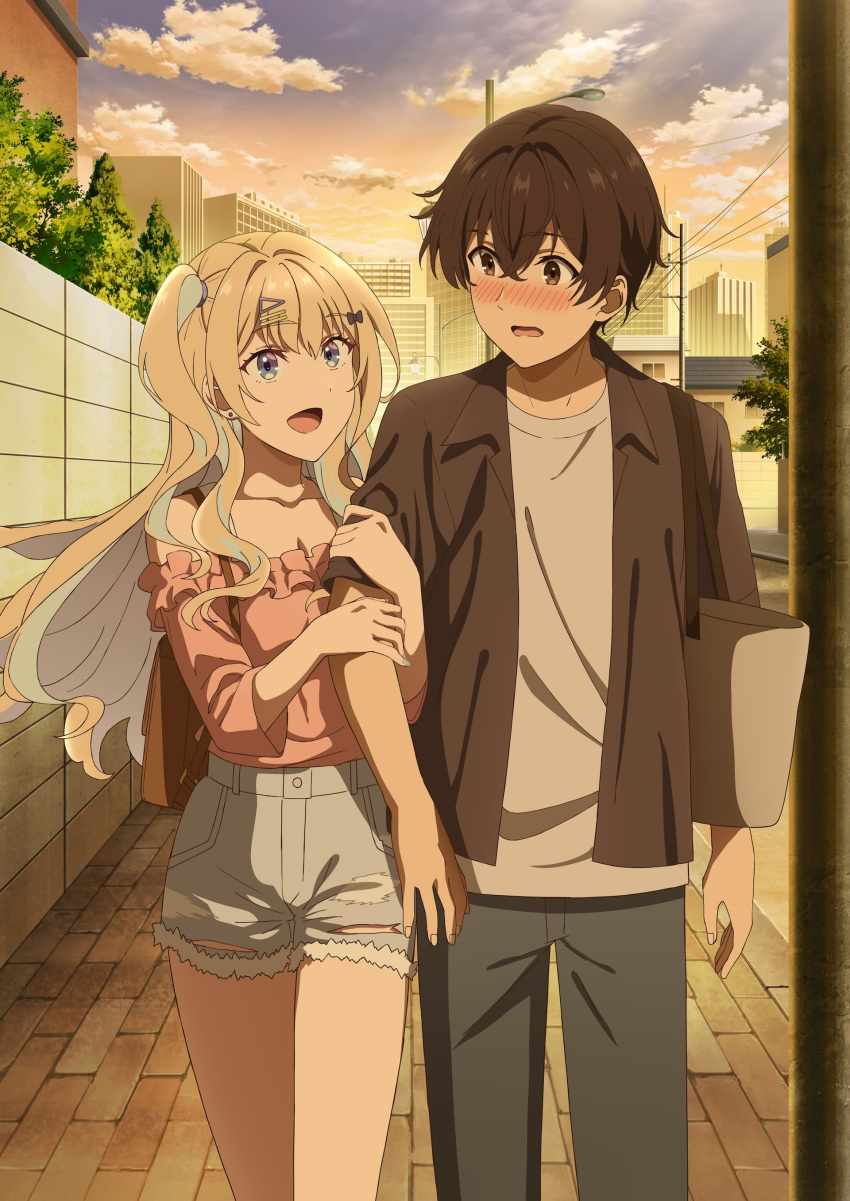1boy, 1girl, absurdres, blonde_hair, blush, bow, brown_eyes, brown_hair, building, clouds, earrings, gyaru, hair_ornament, hairclip, highres, jewelry, jpeg_artifacts, keikenzumi_na_kimi_to_keiken_zero_na_ore_ga_otsukiai_suru_hanashi., key_visual, long_hair, multicolored_hair, official_art, one_side_up, open_mouth, promotional_art, runa_shirakawa, ryuuto_kashima, short_hair, shorts, sky, standing, tree, two-tone_hair
