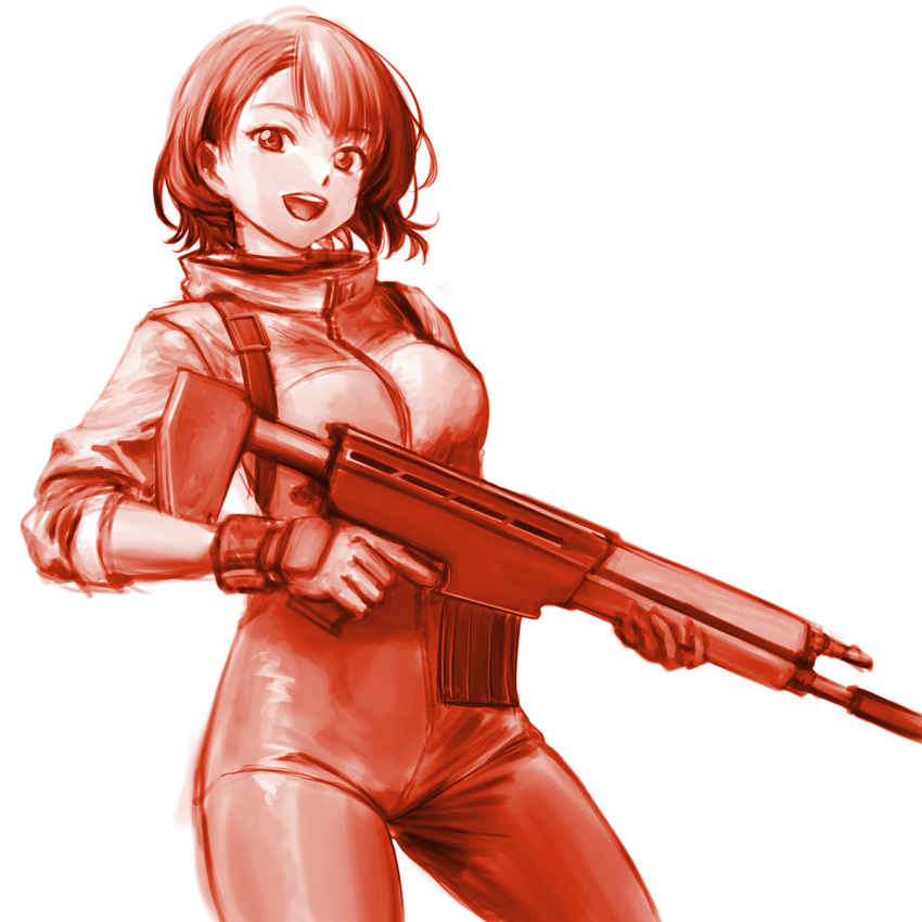 1girl, :d, baraduke, bodysuit, breasts, cowboy_shot, gloves, gun