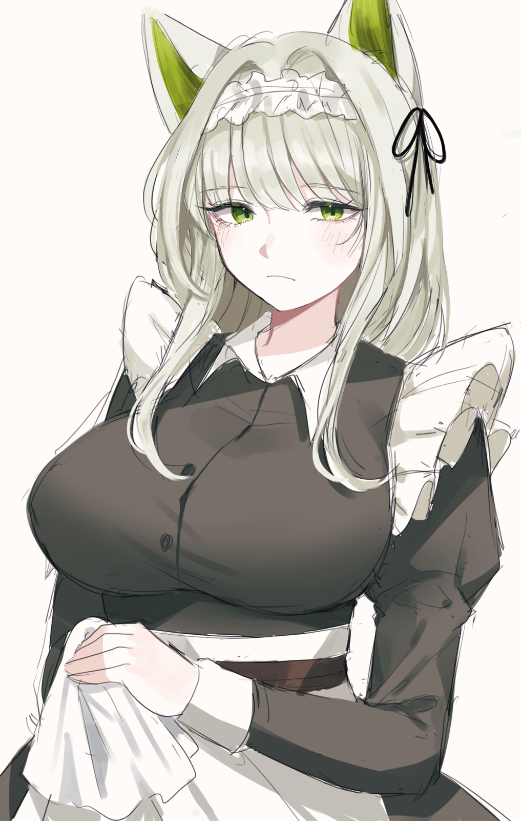 1girl, alternate_costume, animal_ears, apron, arknights, black_dress, breasts, cat_ears