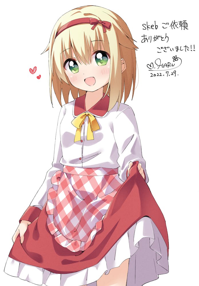 1girl, 2022, :d, apron, blonde_hair, blush, bow, clothes_lift