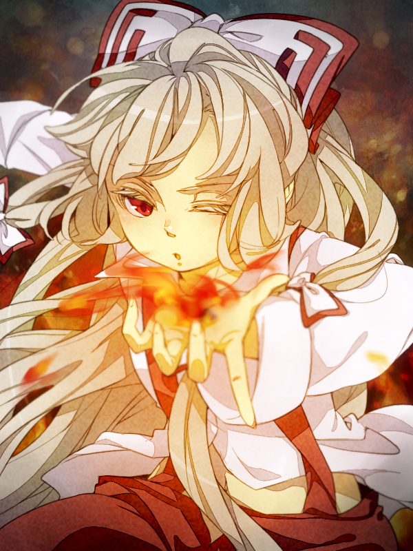 fire, fujiwara_no_mokou, hair_bow, hair_ribbon, meo, red_eyes, ribbon, silver_hair