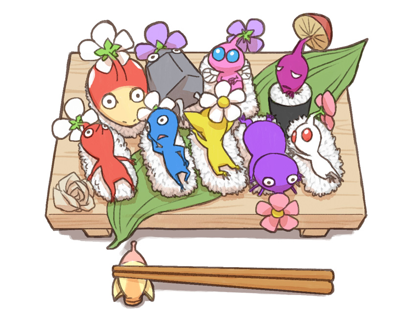 black_eyes, black_skin, blue_eyes, blue_pikmin, blue_skin, bulbmin, carving, chopstick_rest