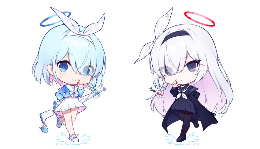 2girls, 9malefi9, absurdres, arona_(blue_archive), black_coat, black_eyes, black_footwear, black_hairband
