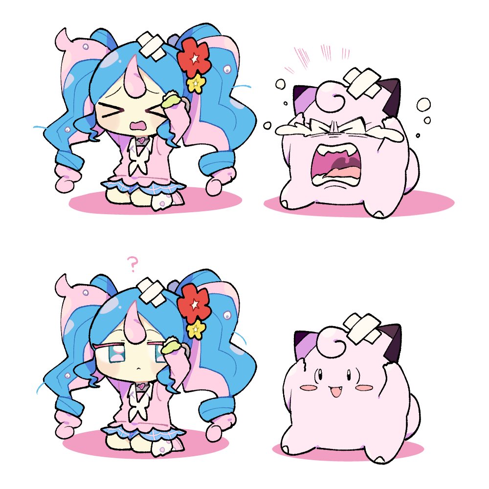 >_<, 1girl, :d, ?, bandaid, blue_eyes, blue_hair, blue_skirt, blush, chibi, choker, clefairy, closed_eyes, closed_mouth, colored_eyelashes, commentary_request, crying, curly_hair, fairy_miku_(project_voltage), flower, full_body, hair_flower, hair_ornament, hands_up, hatsune_miku, heart, heart_choker, long_hair, long_sleeves, looking_at_another, miniskirt, multicolored_hair, multiple_views, neckerchief, nise_dorothia, open_mouth, pink_choker, pink_footwear, pink_hair, pink_sweater, pokemon, pokemon_(creature), project_voltage, red_flower, scrunchie, sidelocks, simple_background, sitting, skirt, smile, socks, sweater, tears, twintails, two-tone_hair, very_long_hair, vocaloid, white_background, white_neckerchief, white_socks, wrist_scrunchie, yellow_flower, yellow_scrunchie