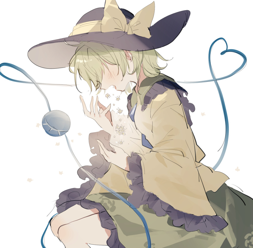 1girl, black_headwear, blouse, bow, breasts, coughing_flowers, crystal, feet_out_of_frame