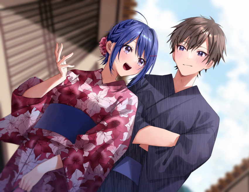 1boy, 1girl, :d, ahoge, blue_eyes, blue_hair, blue_kimono, blurry