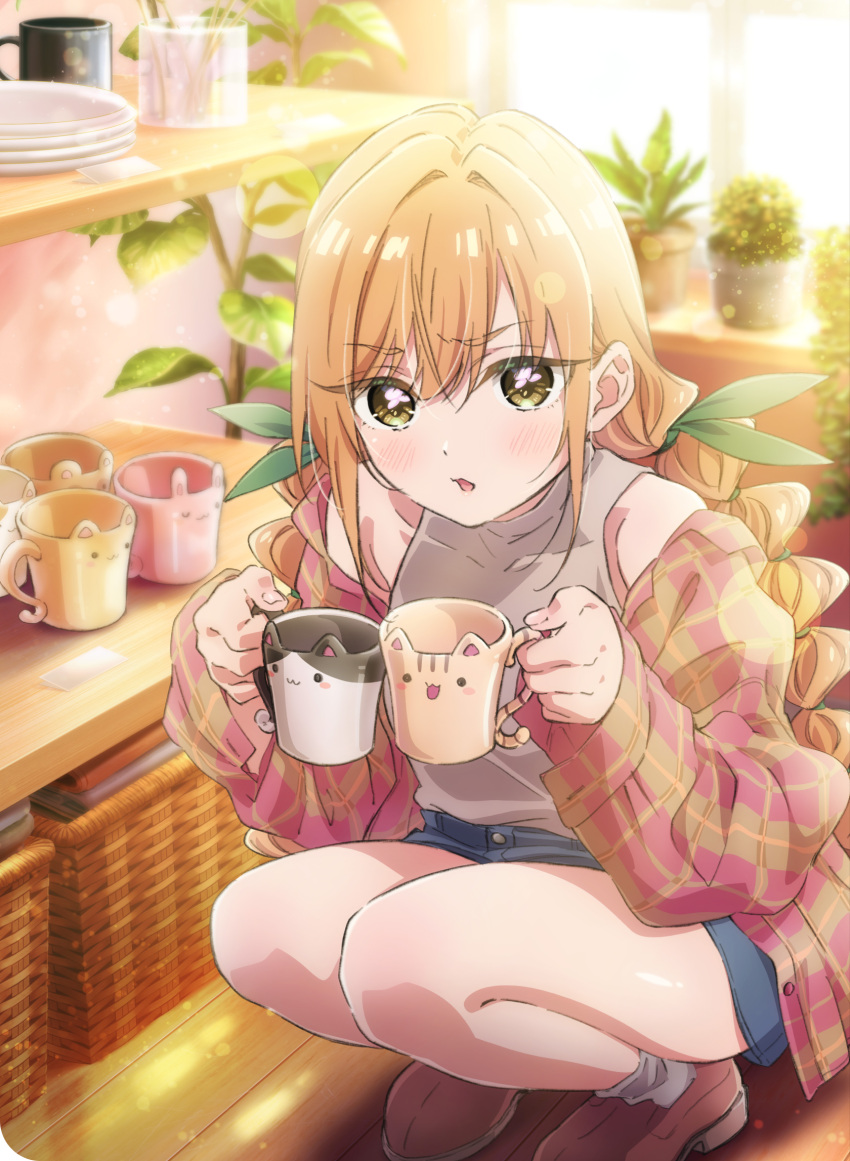 1girl, animal_cup, bare_shoulders, blush, braid, brown_eyes, brown_hair, cup