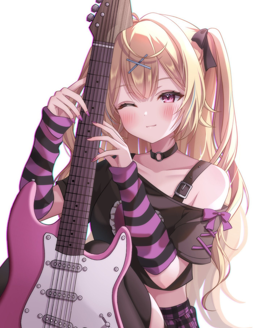 1girl, bare_shoulders, black_bra, black_shirt, blonde_hair, bra, detached_sleeves, electric_guitar