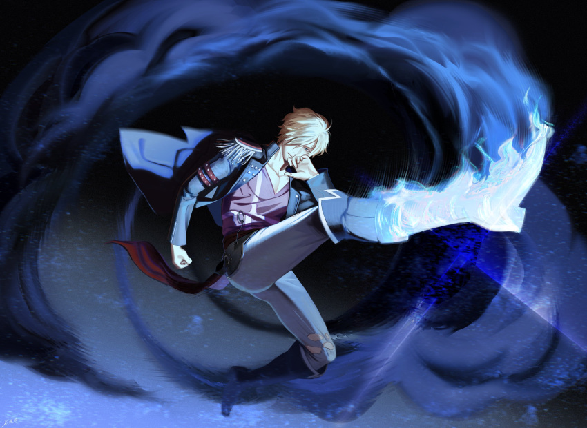 aura, black_footwear, black_jacket, blonde_hair, blue_fire, drop_kick, fire, flaming_leg, flying_kick, grey_pants, highres, jacket, kicking, kotomine_(a1569), one_piece, pants, red_sash, red_shirt, sanji_(one_piece), sash, shirt, torn_clothes, torn_pants